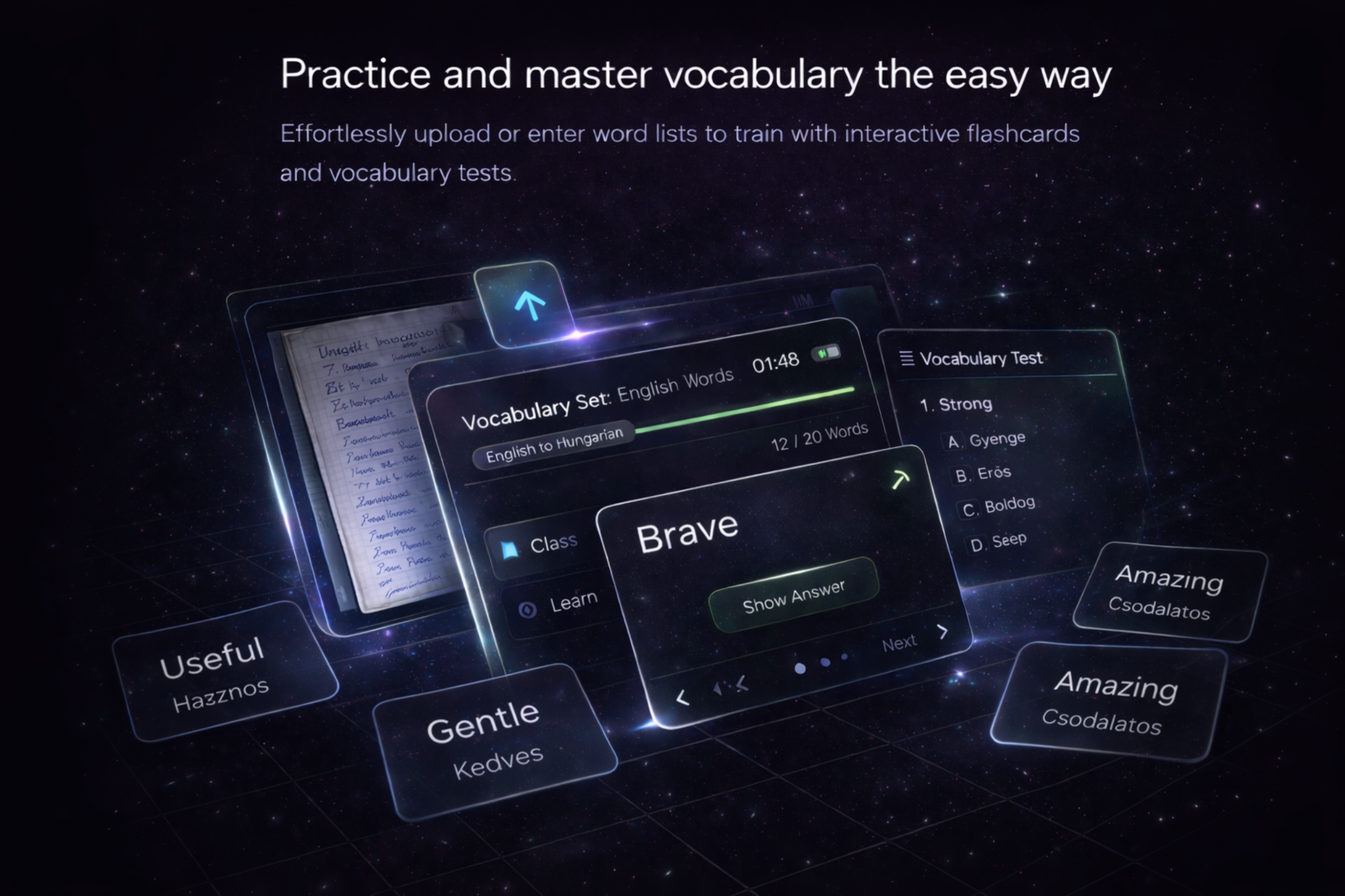 Quizlet-style vocab from text or photos.